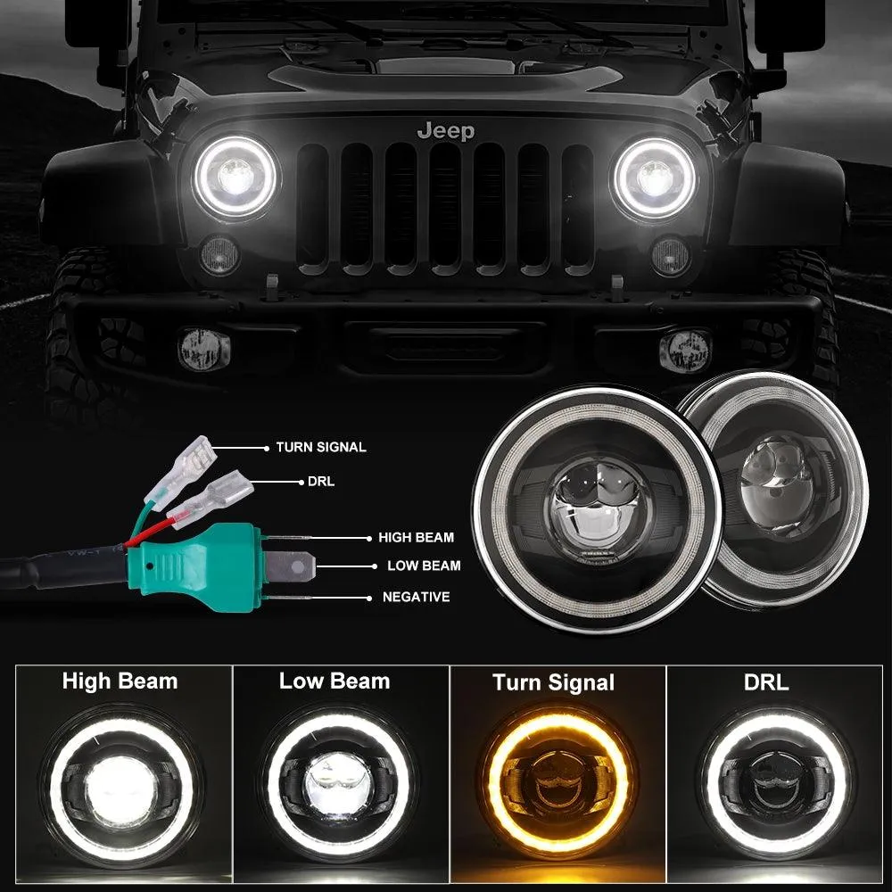 7 Inch LED Headlights Halo Amber Turn Signal Lights with DRL High/Low Beam Fit for Jeep Wrangler JK JKU TJ LJ Ford GMC