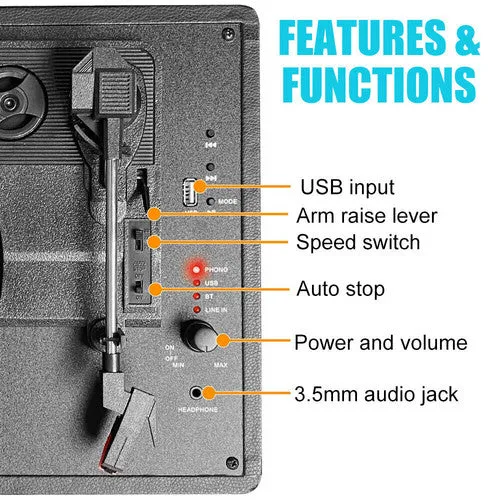 Bluetooth Vinyl Turntable with Stereo Speakers & USB