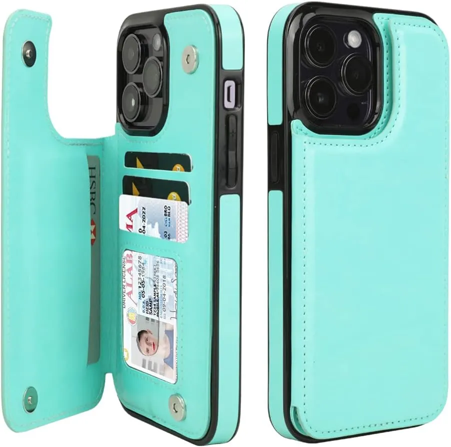 i Phone 16 Pro Max Plus Wallet Case Card Holder Slot Folio Flip PU Leather Kickstand Double Magnetic Clasp