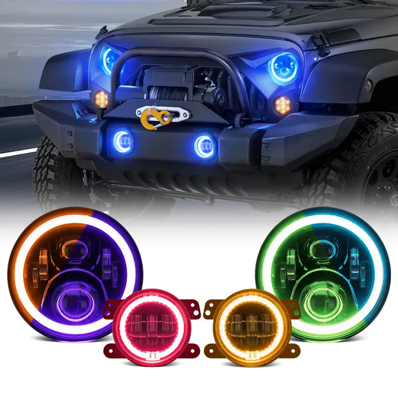 LED RGB Color Changing Halo Headlights with Amber Turn Signal   Fog Light Kit Combo For 2007-2018 Jeep Wrangler JK