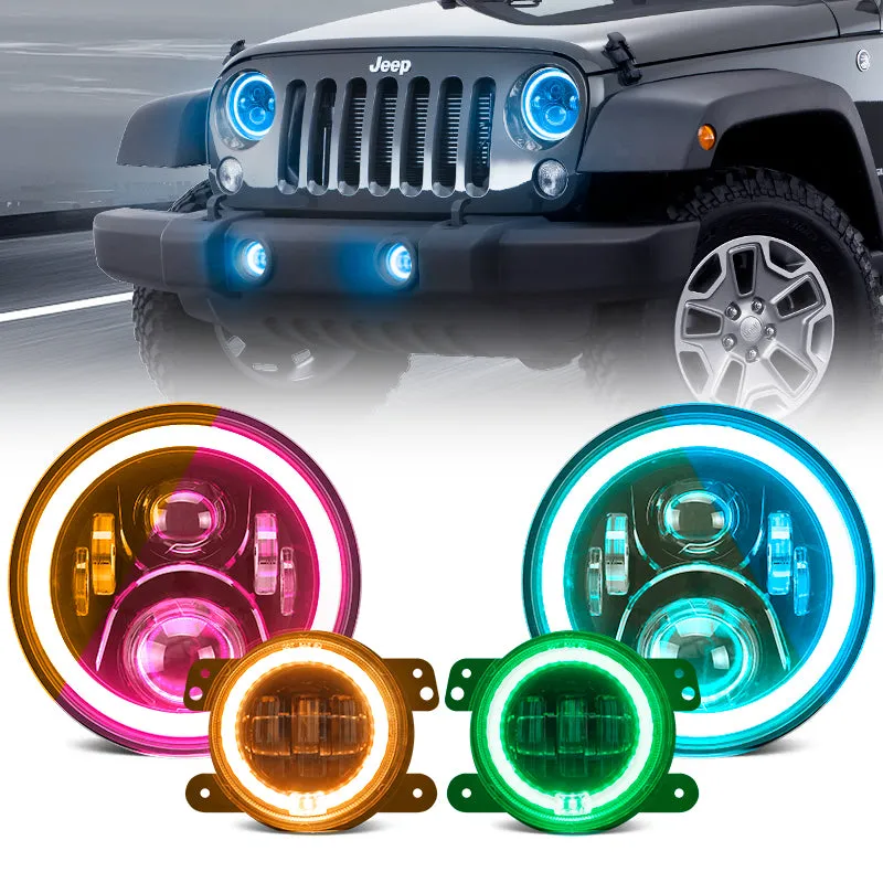 LED RGB Color Changing Halo Headlights with Amber Turn Signal   Fog Light Kit Combo For 2007-2018 Jeep Wrangler JK