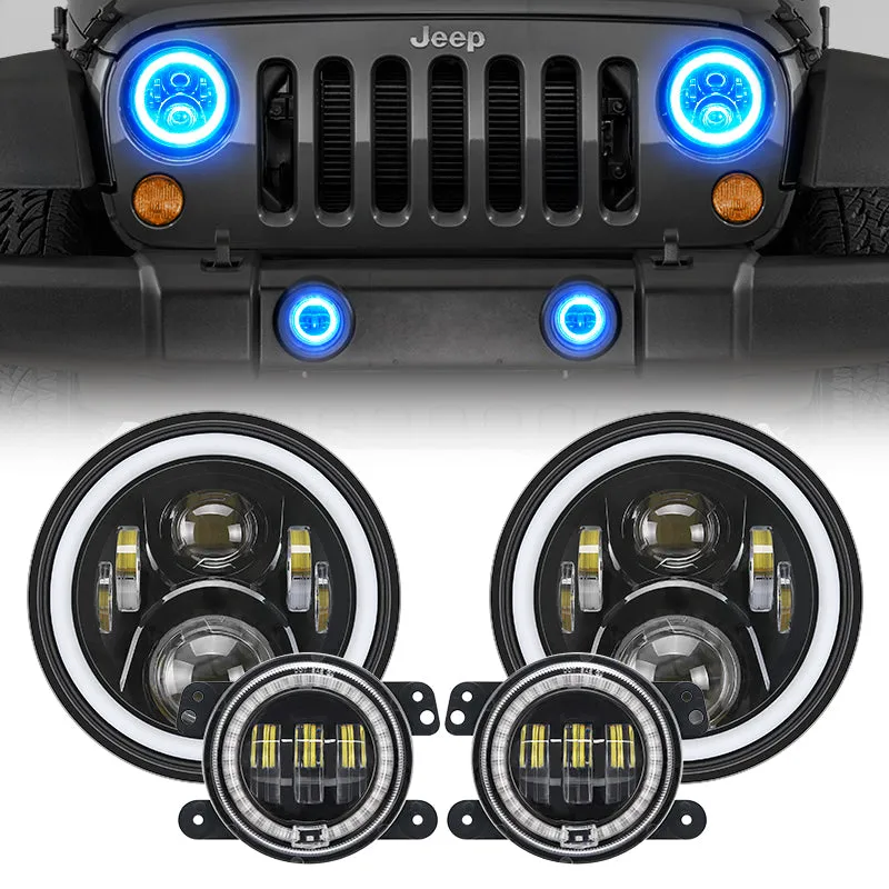 LED RGB Color Changing Halo Headlights with Amber Turn Signal   Fog Light Kit Combo For 2007-2018 Jeep Wrangler JK