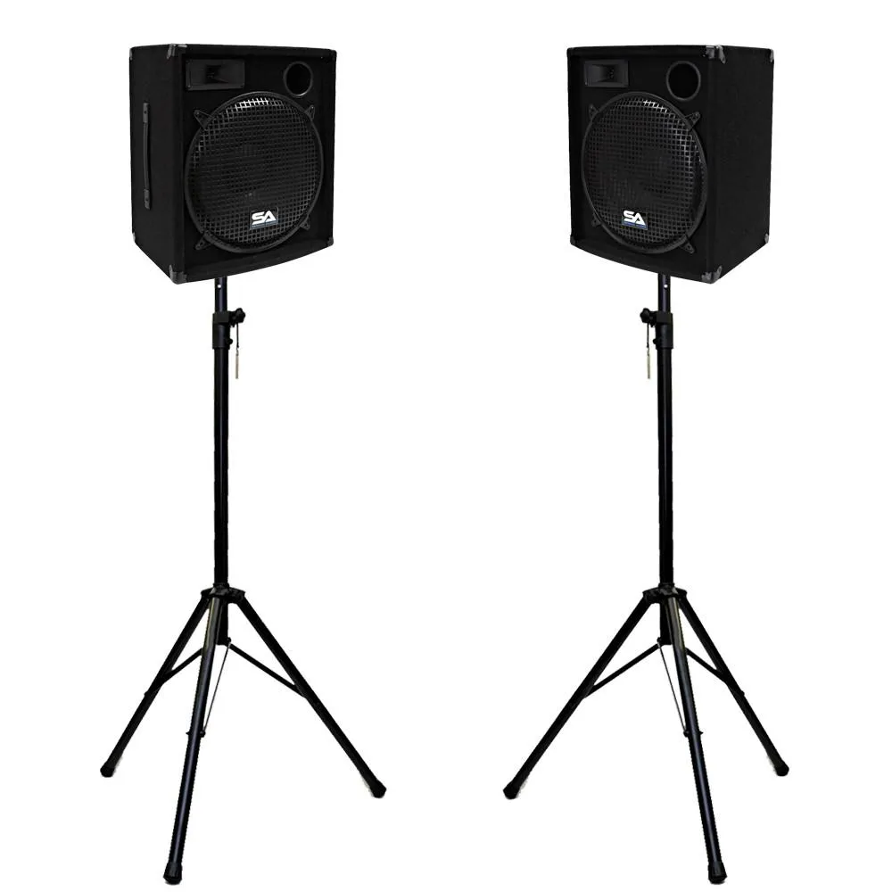 Pair of 15" Compact DJ / PA Speaker Cabinets and Tripod Stands