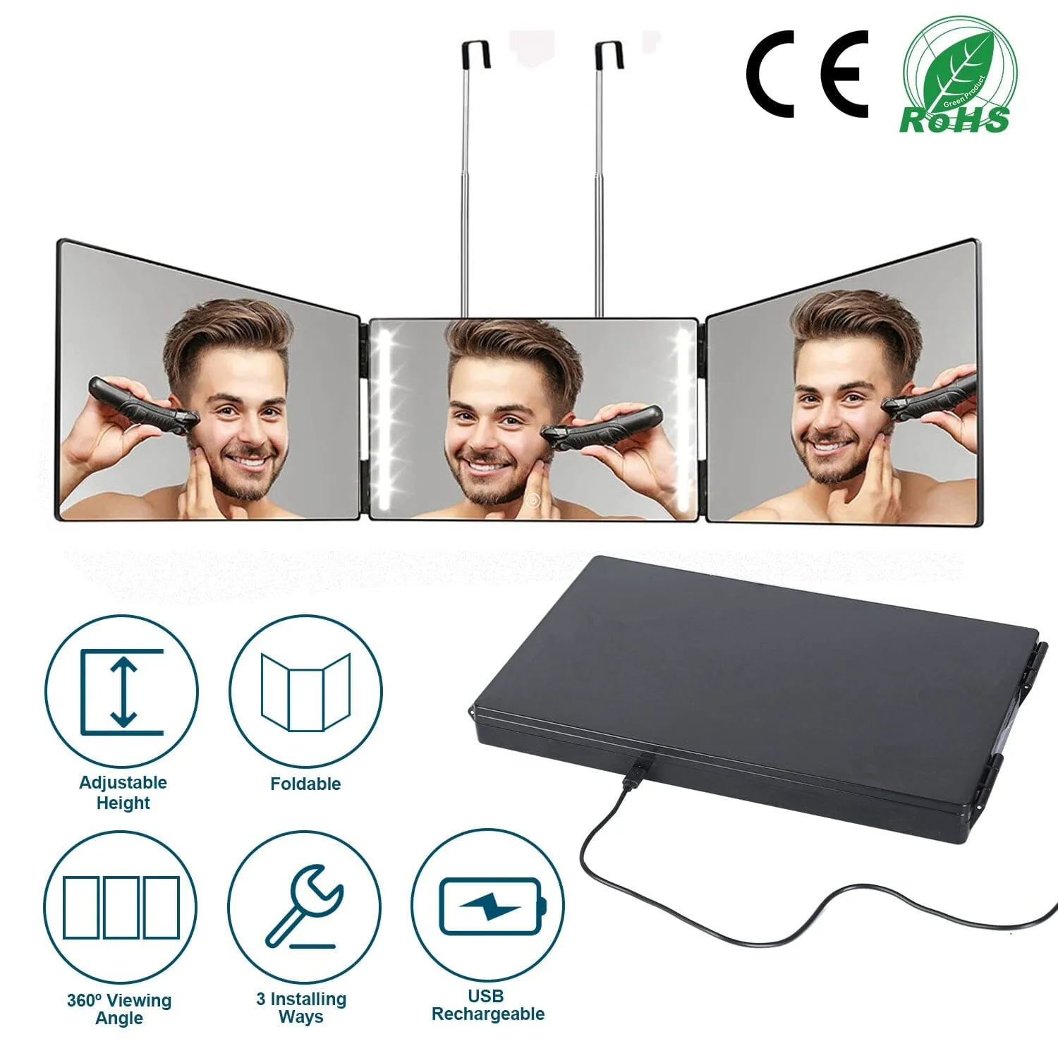 Tri-Fold Mirror with Telescopic Hanger