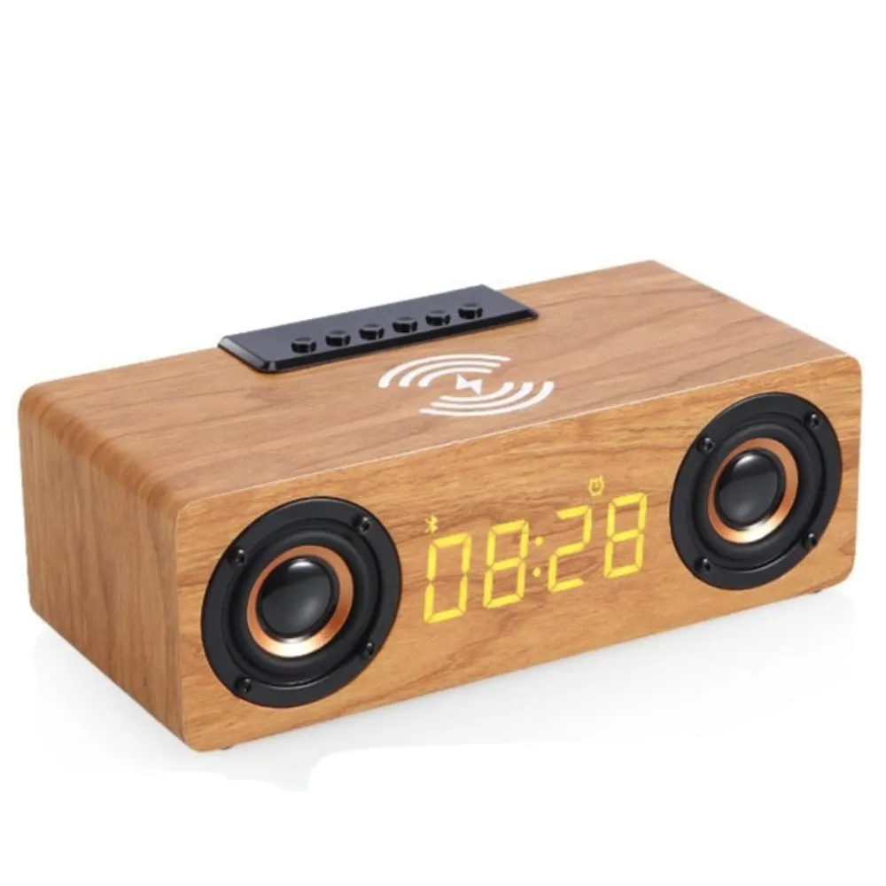 Wooden Retro Theme Wireless Charger Bluetooth Speaker Alarm Clock Radio