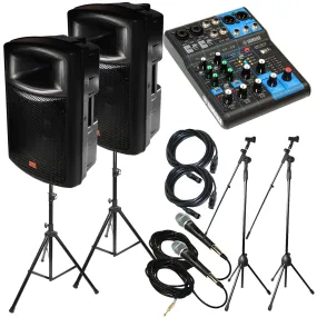 Yamaha Package Bundle: 1x Yamaha MG06 6-Channel Mixer   2x EMB EB112BT Pro 12" 2-way 900W Bluetooth Powered Speaker   2x Speaker Stands   2 Emic800 Microphone With Wires   2 Microphone Stand   2 XLR Xlarge Calbles